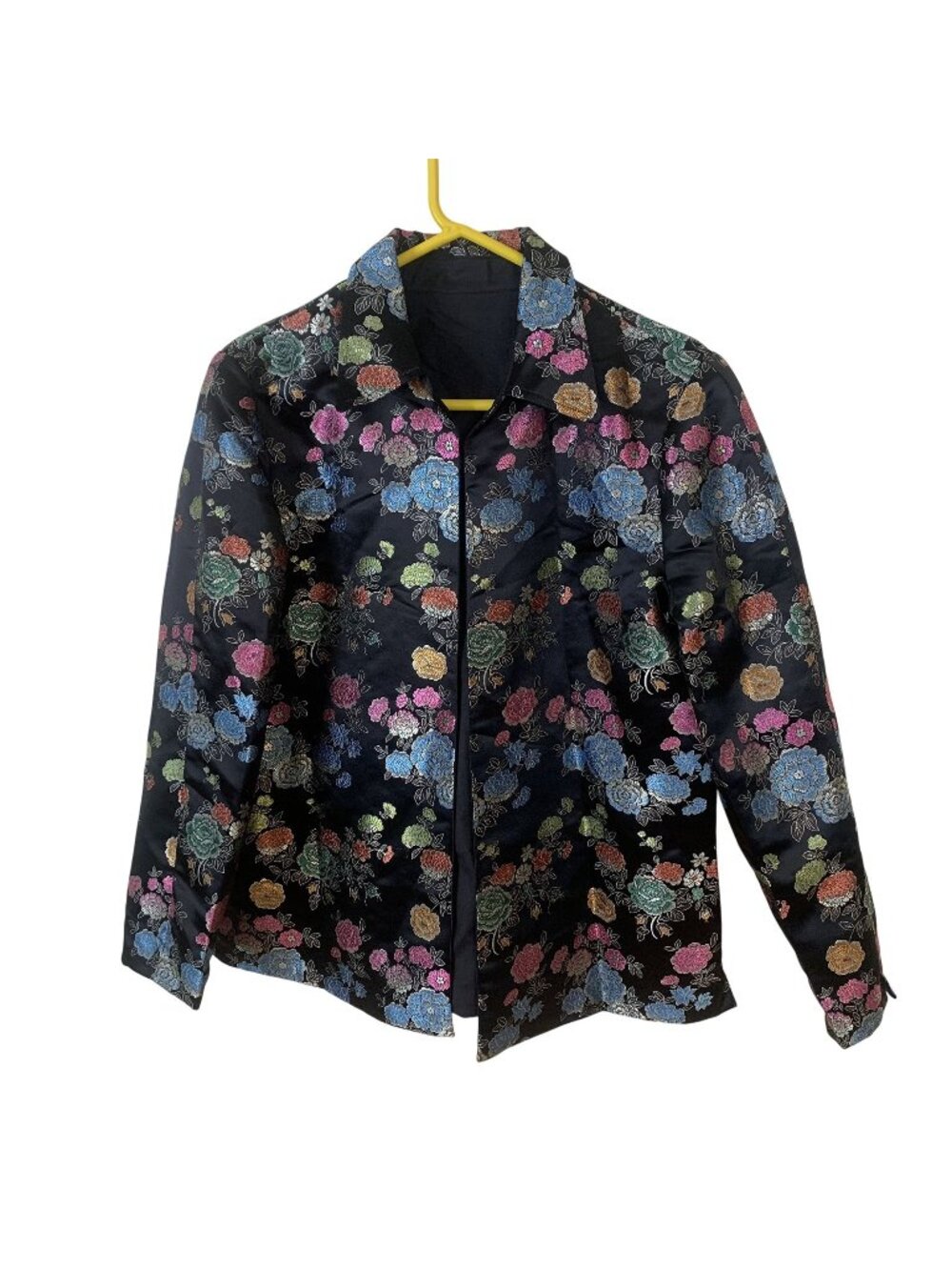 Womens Black Satin Jacket Lightweight XL Open Front Floral Asian Multicolor